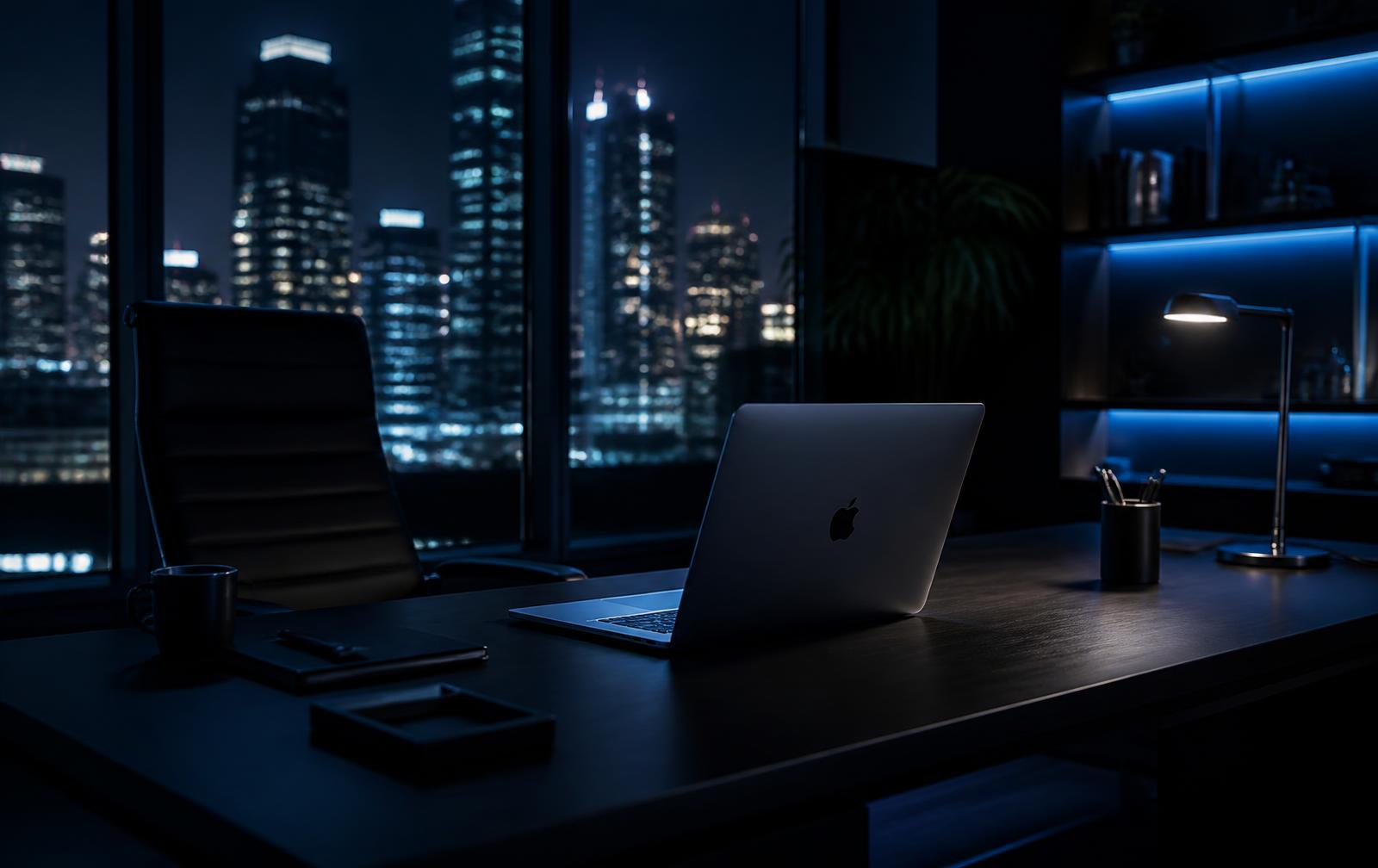 Escritório moderno à noite com vista para a cidade